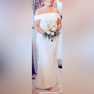 Katie May white bridesmaid dress or wedding gown. Off the shoulder gown